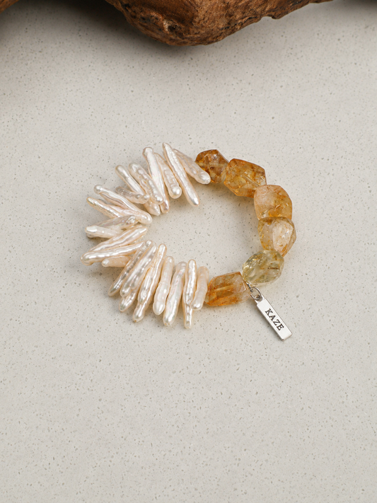 Natural Citrine & Biwa Pearl Bracelet | Handmade Natural Jewelry | KAZE