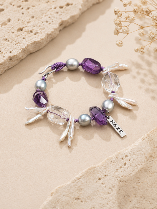 Amethyst & Clear Quartz Baroque Pearl Bracelet | Handmade Natural Gemstone Jewelry | KAZE