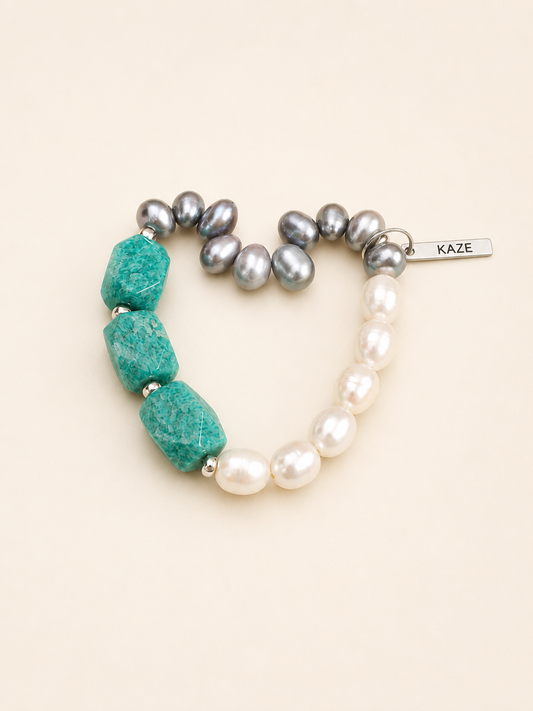 Amazonite & Freshwater Rice Pearl Bracelet | Sterling Silver Charm | KAZE