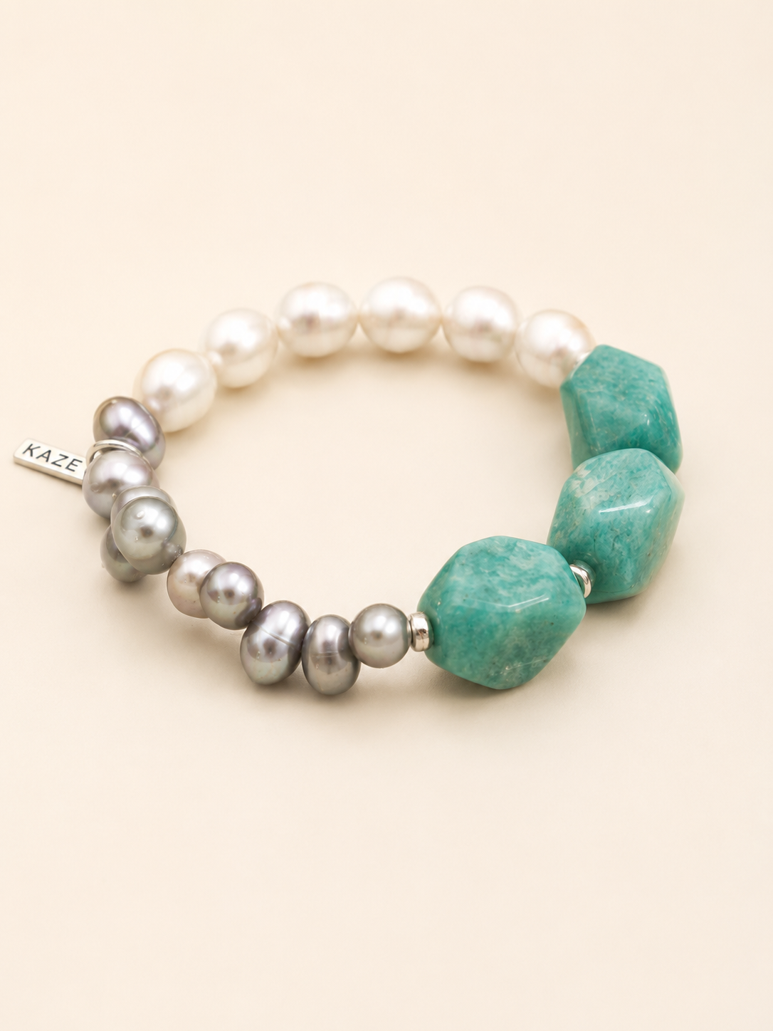 Amazonite & Freshwater Rice Pearl Bracelet | Sterling Silver Charm | KAZE