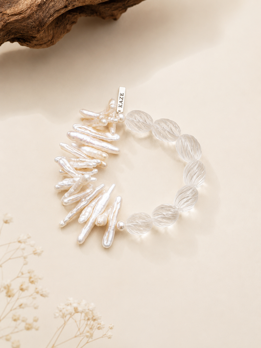 White Crystal Beads & Stick Baroque Pearl Bracelet | Handmade Natural Jewelry | KAZE