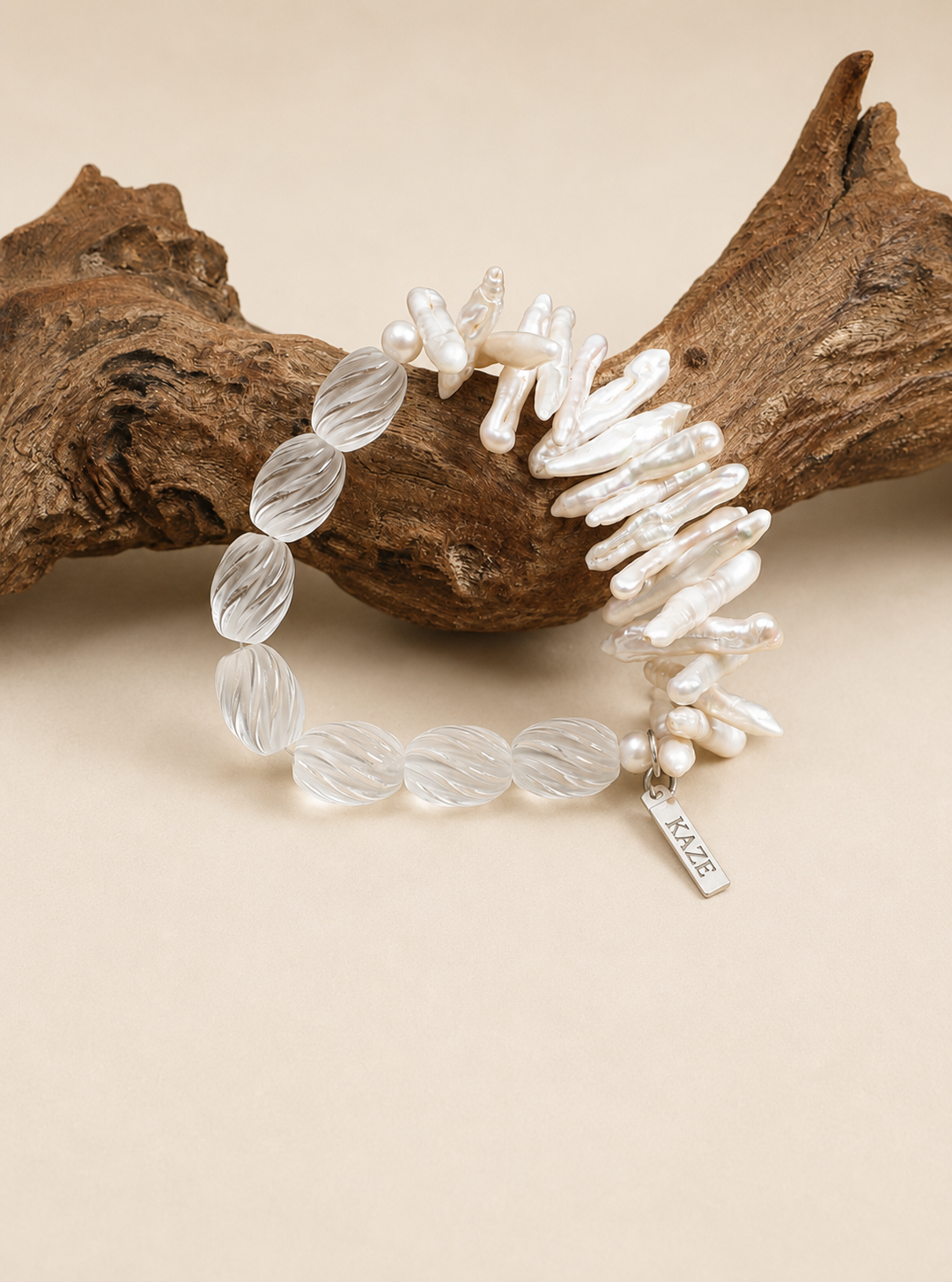 White Crystal Beads & Stick Baroque Pearl Bracelet | Handmade Natural Jewelry | KAZE
