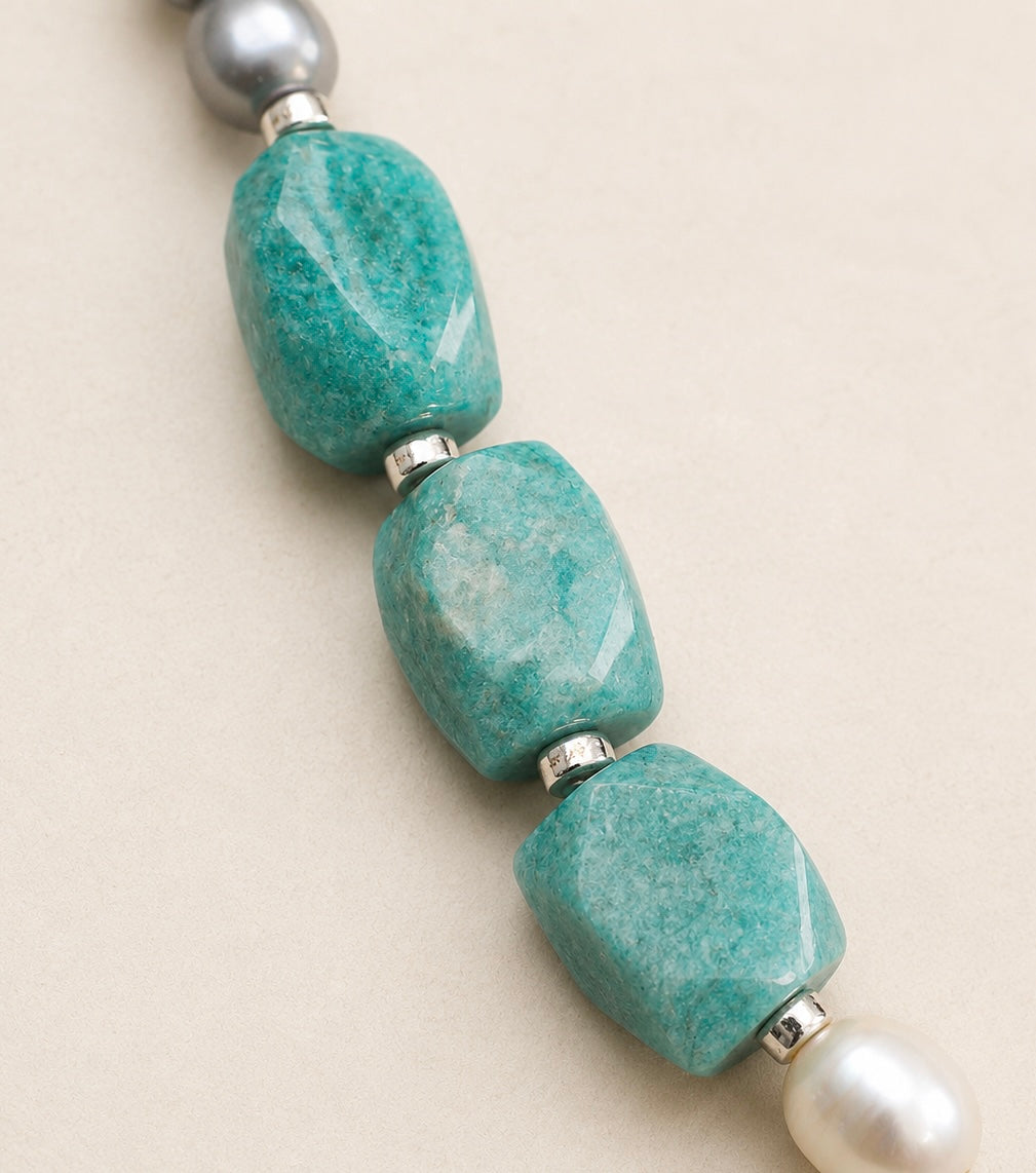 Amazonite & Freshwater Rice Pearl Bracelet | Sterling Silver Charm | KAZE