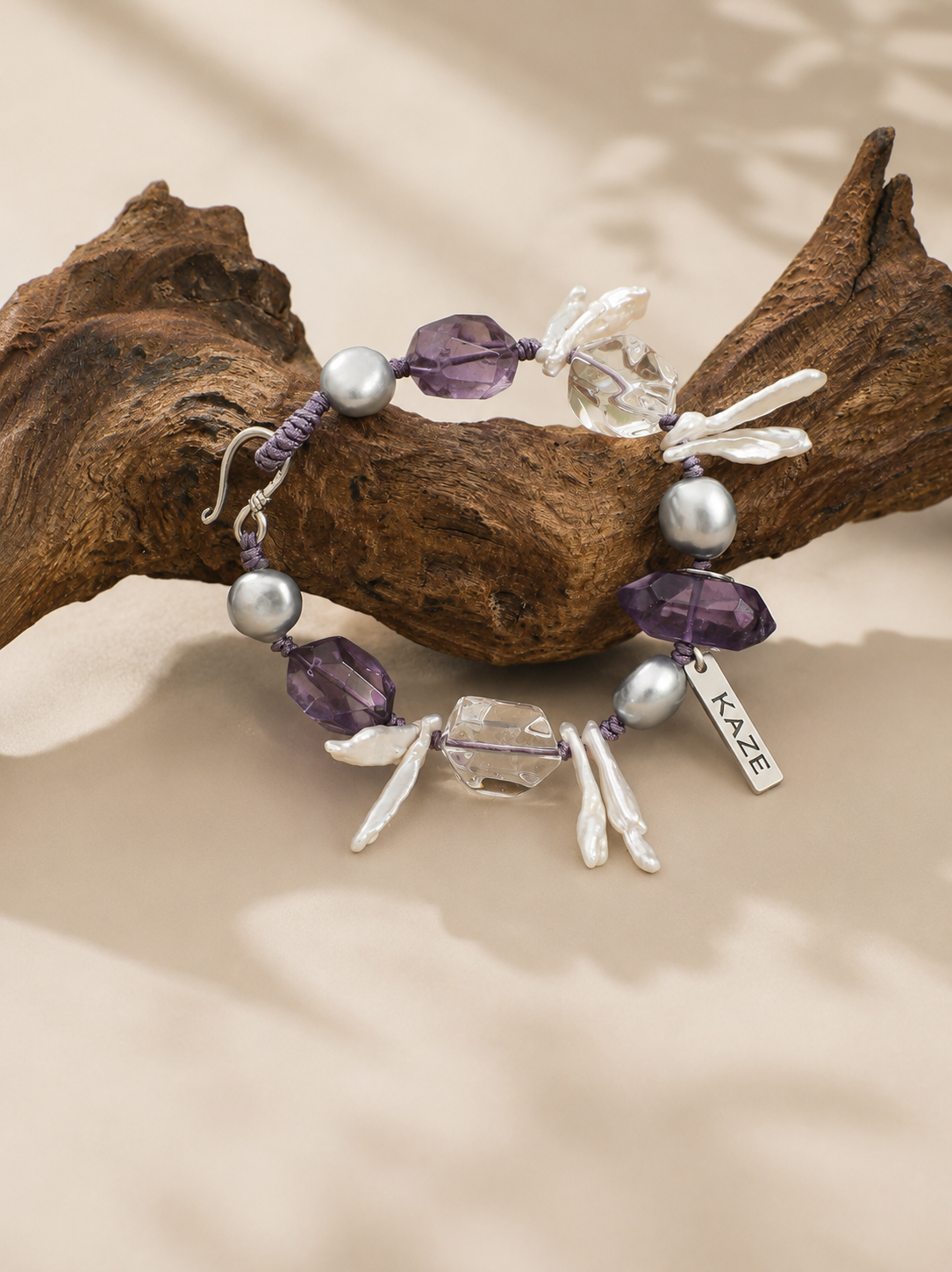 Amethyst & Clear Quartz Baroque Pearl Bracelet | Handmade Natural Gemstone Jewelry | KAZE